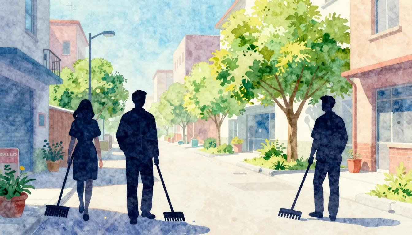 Watercolor style. Silhouettes of neighbors holding brooms an...