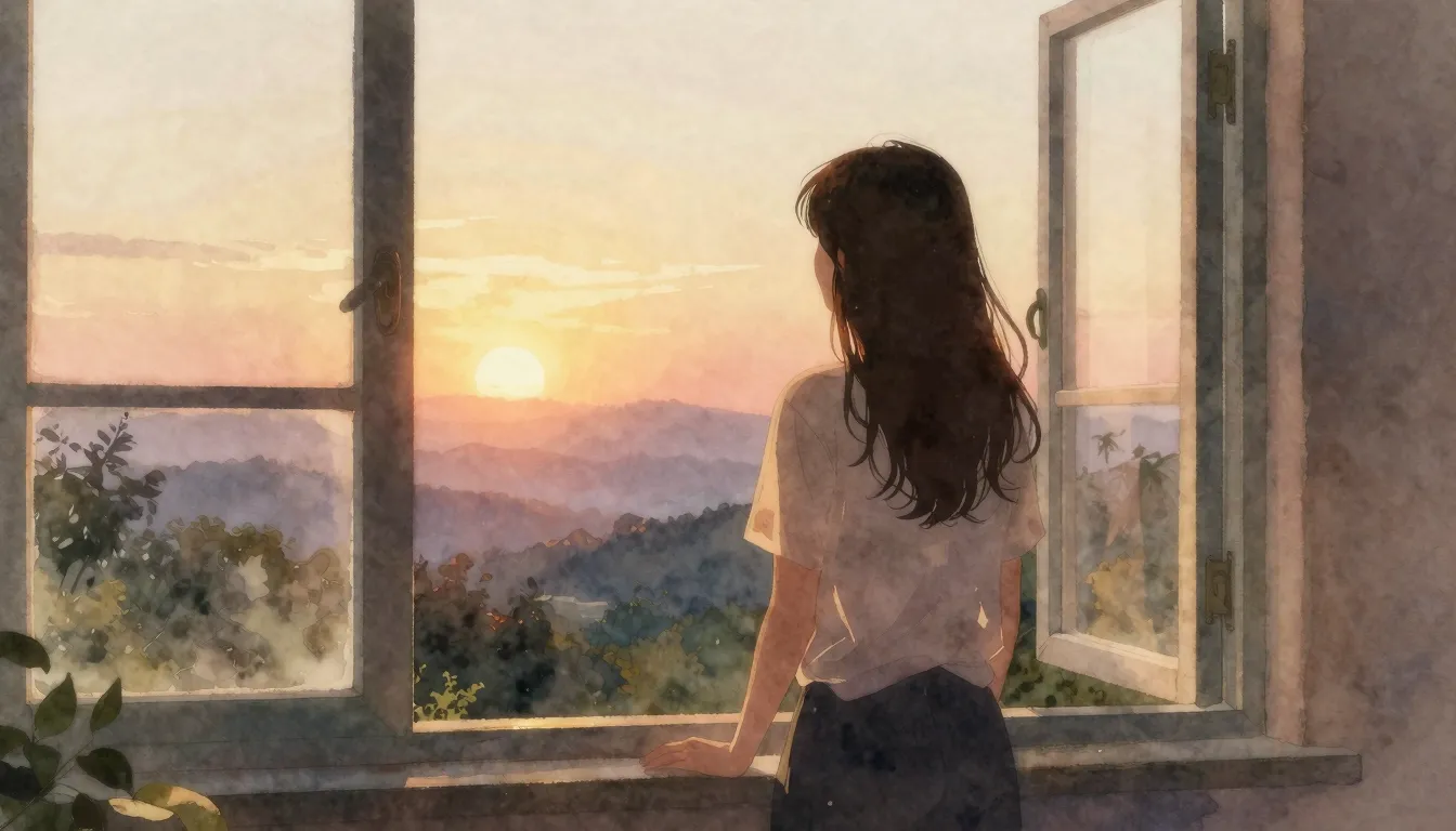 Watercolor style. A silhouette of a person standing by a win...