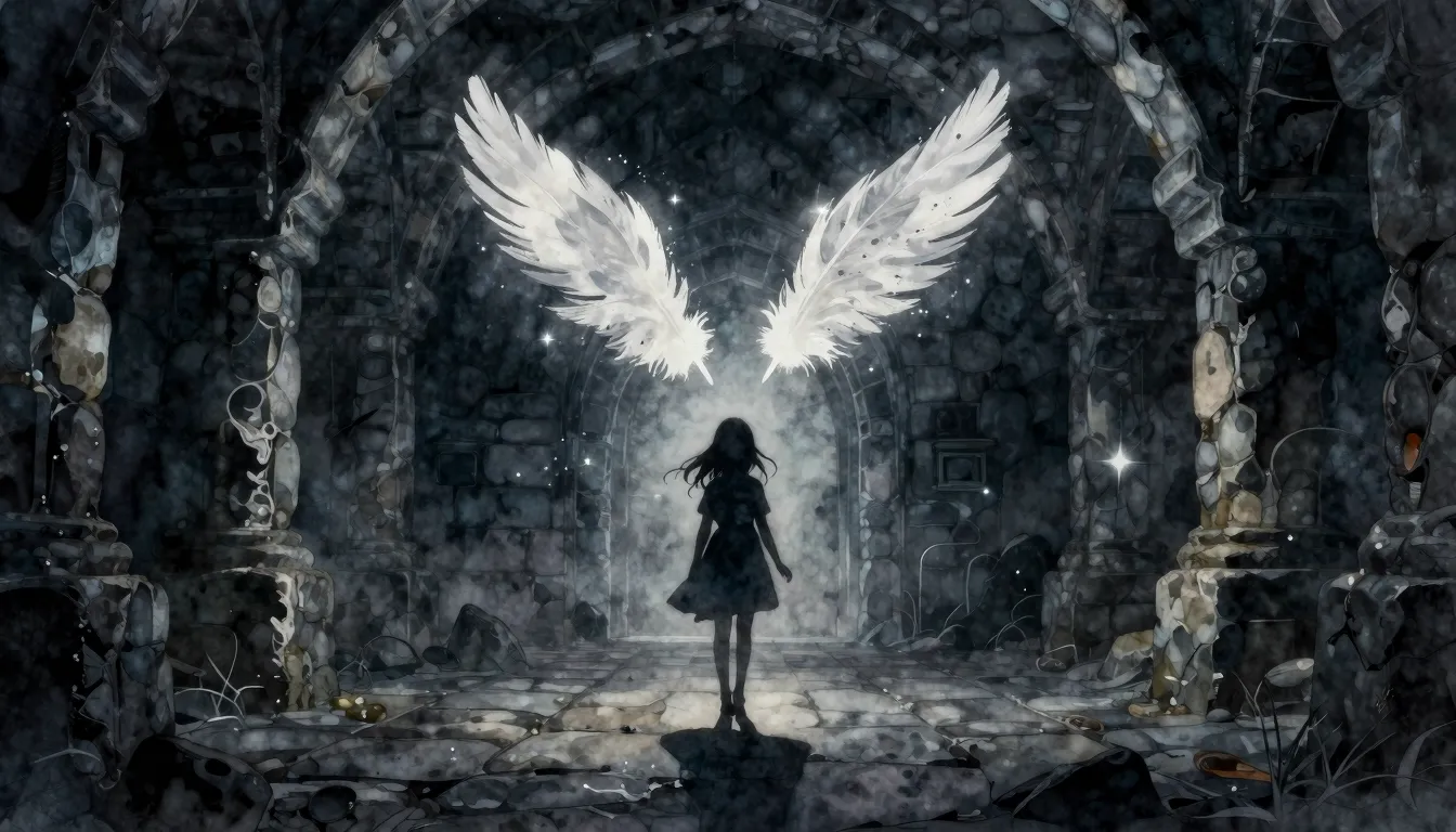 Watercolor style. A dark stone dungeon, a silhouette of a gi...