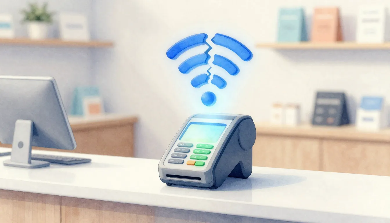 Watercolor style. A modern payment terminal on a store count...