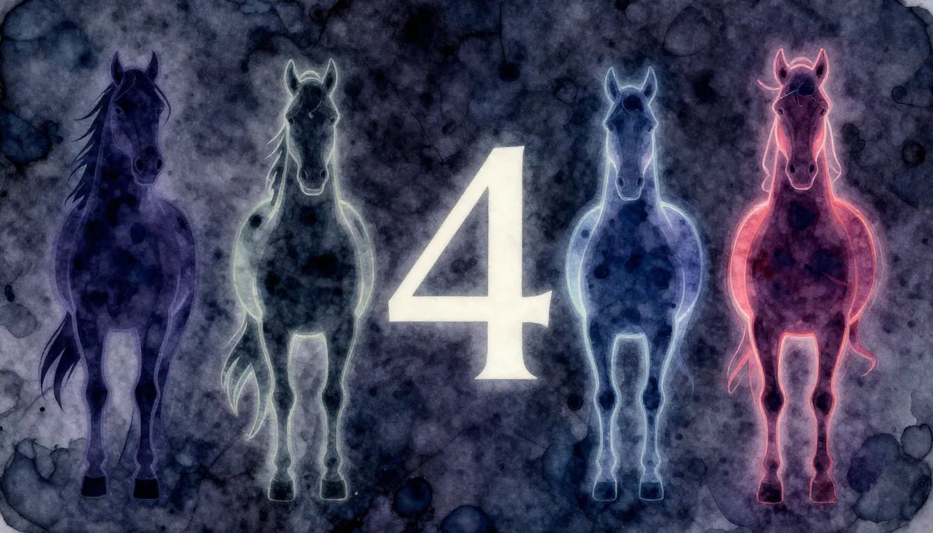 Watercolor style. Four stylized horse silhouettes in a row, ...