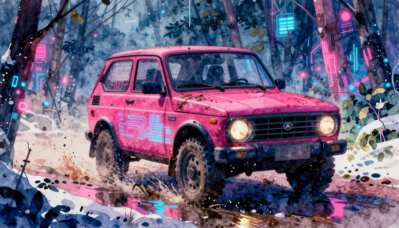 Vibrant watercolor style. A rugged, mud-splattered Lada Niva...