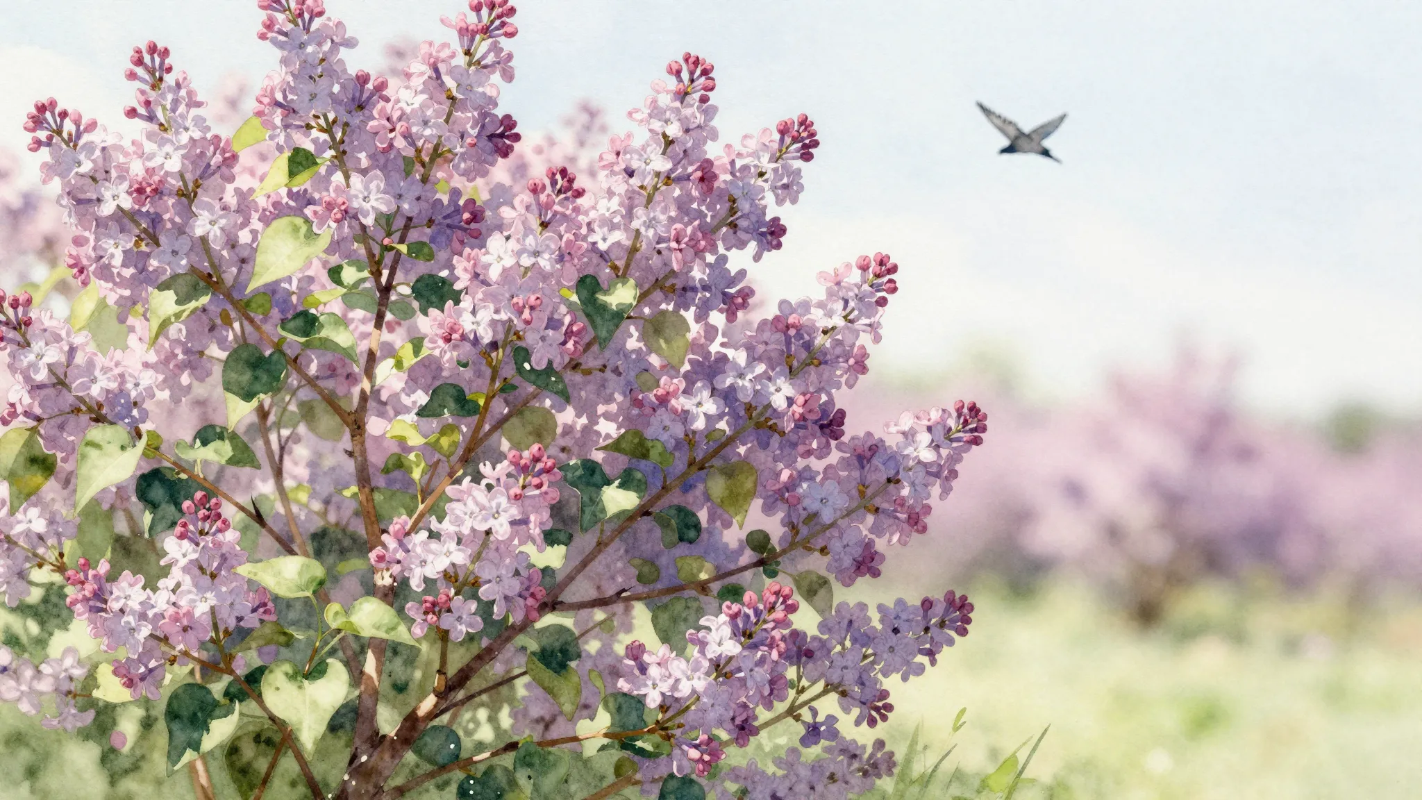 Watercolor style. A beautiful blooming lilac bush in spring,...