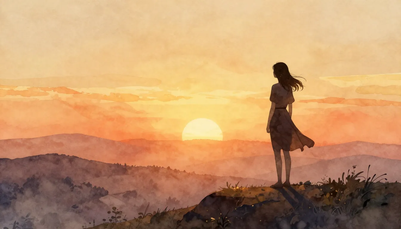 Watercolor style. Silhouette of a woman standing on a hill w...