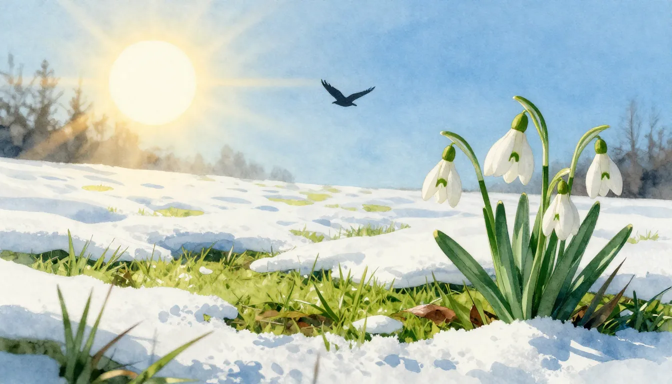 Watercolor style. A bright spring landscape with melting sno...