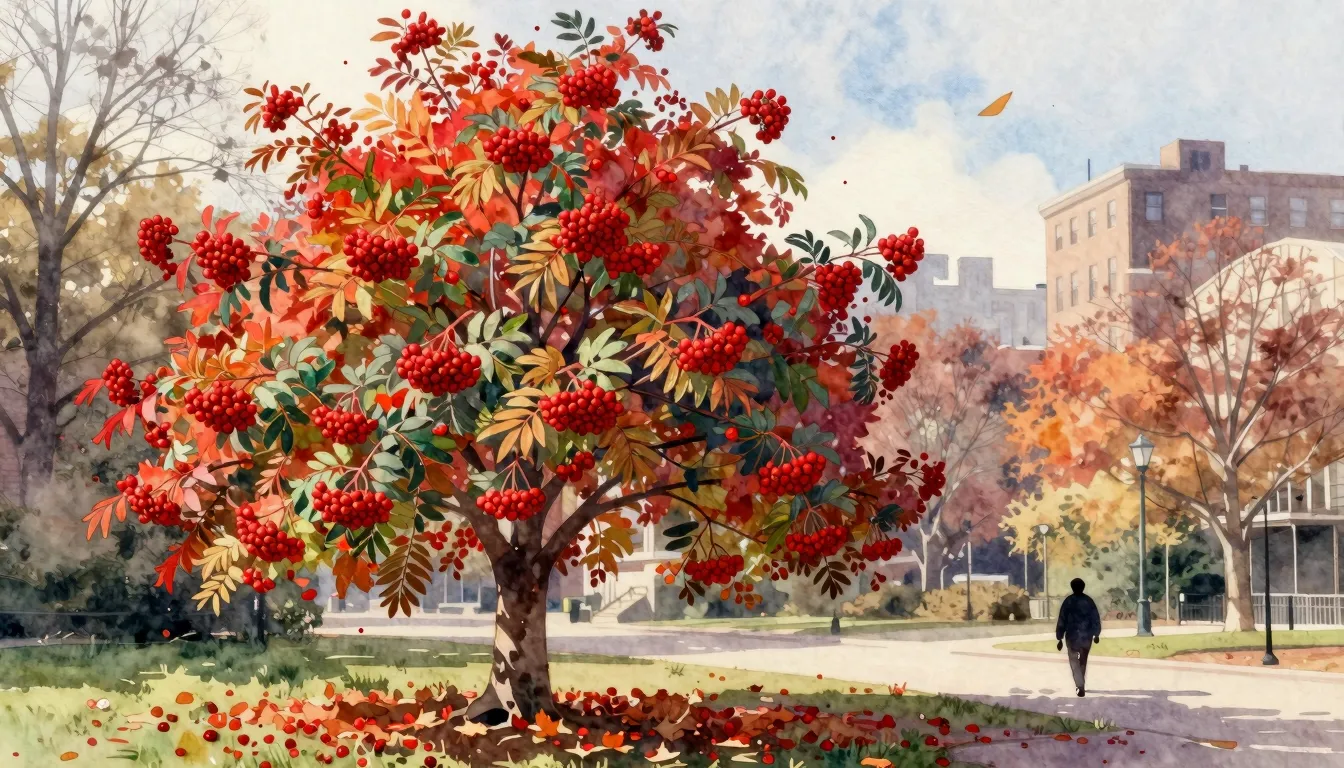 Watercolor style. A beautiful rowan tree with bright red ber...