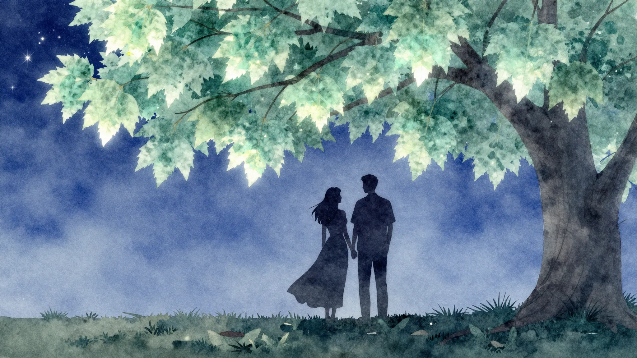 Watercolor style. Silhouette of a couple standing under a tr...
