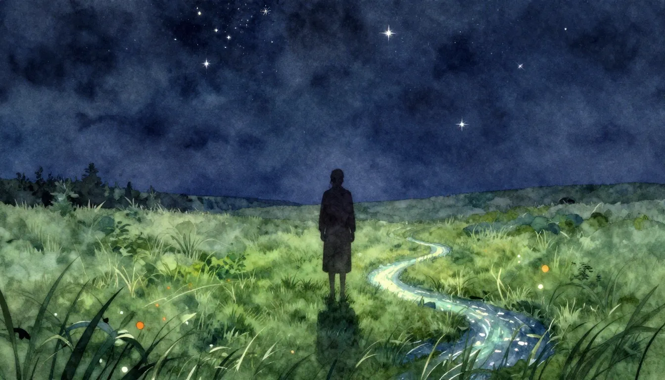 Watercolor style. A silhouette of a figure standing in a vas...