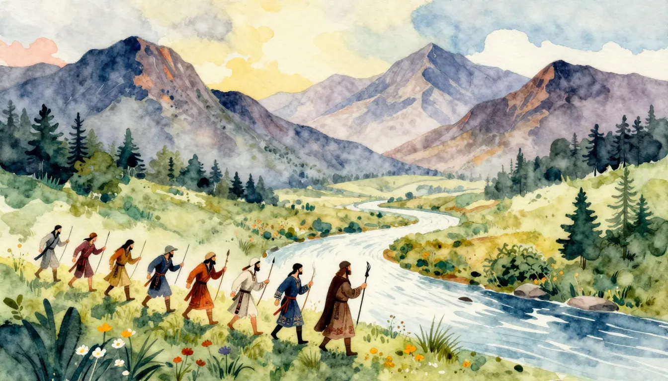 Vibrant watercolor style. Folk album cover: ancient Slavic m...