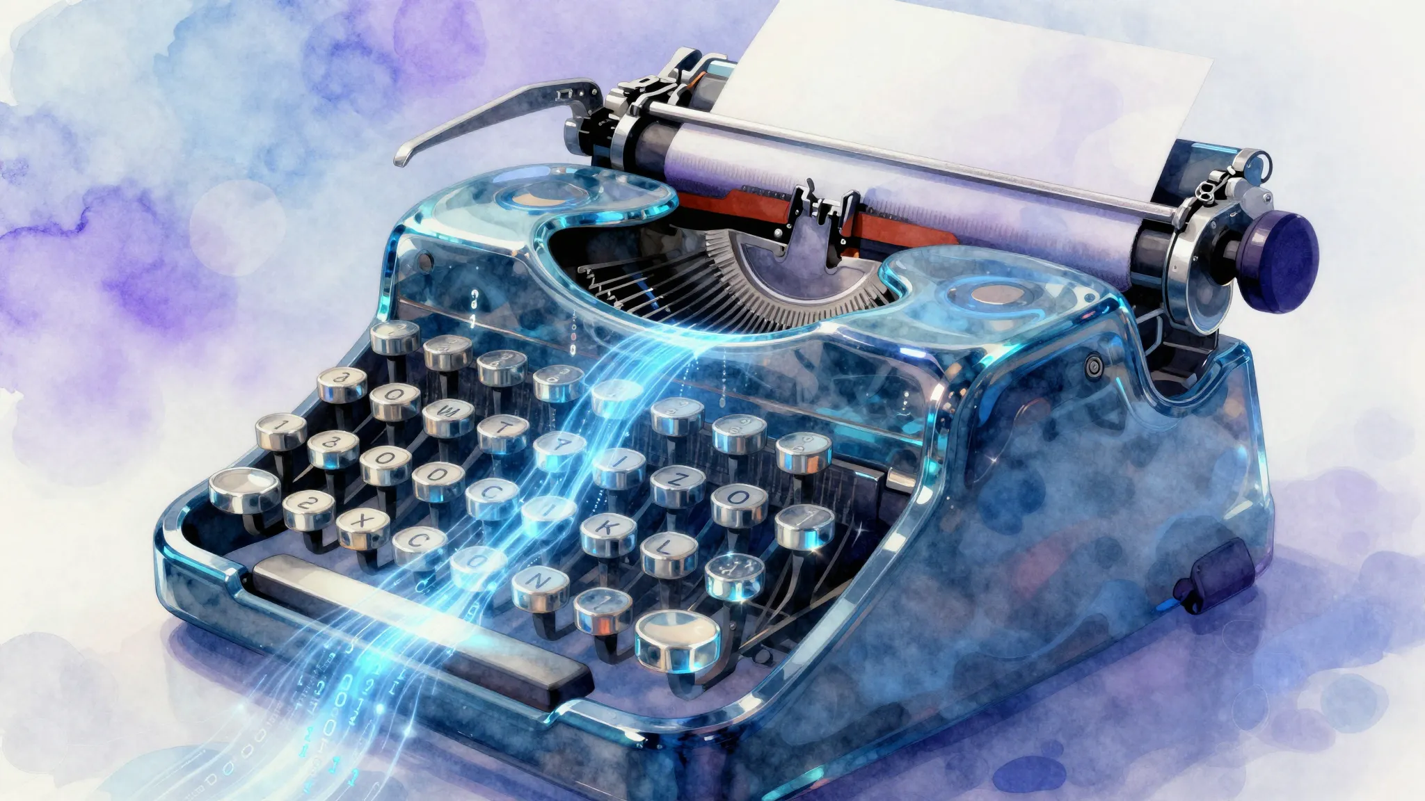 Watercolor style. A futuristic typewriter made of light and ...