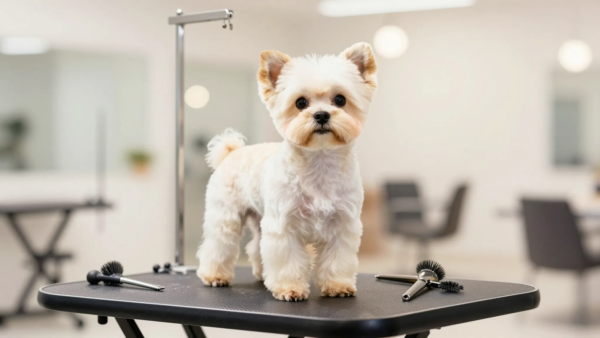 Watercolor style. A fluffy, perfectly groomed small dog sitt...