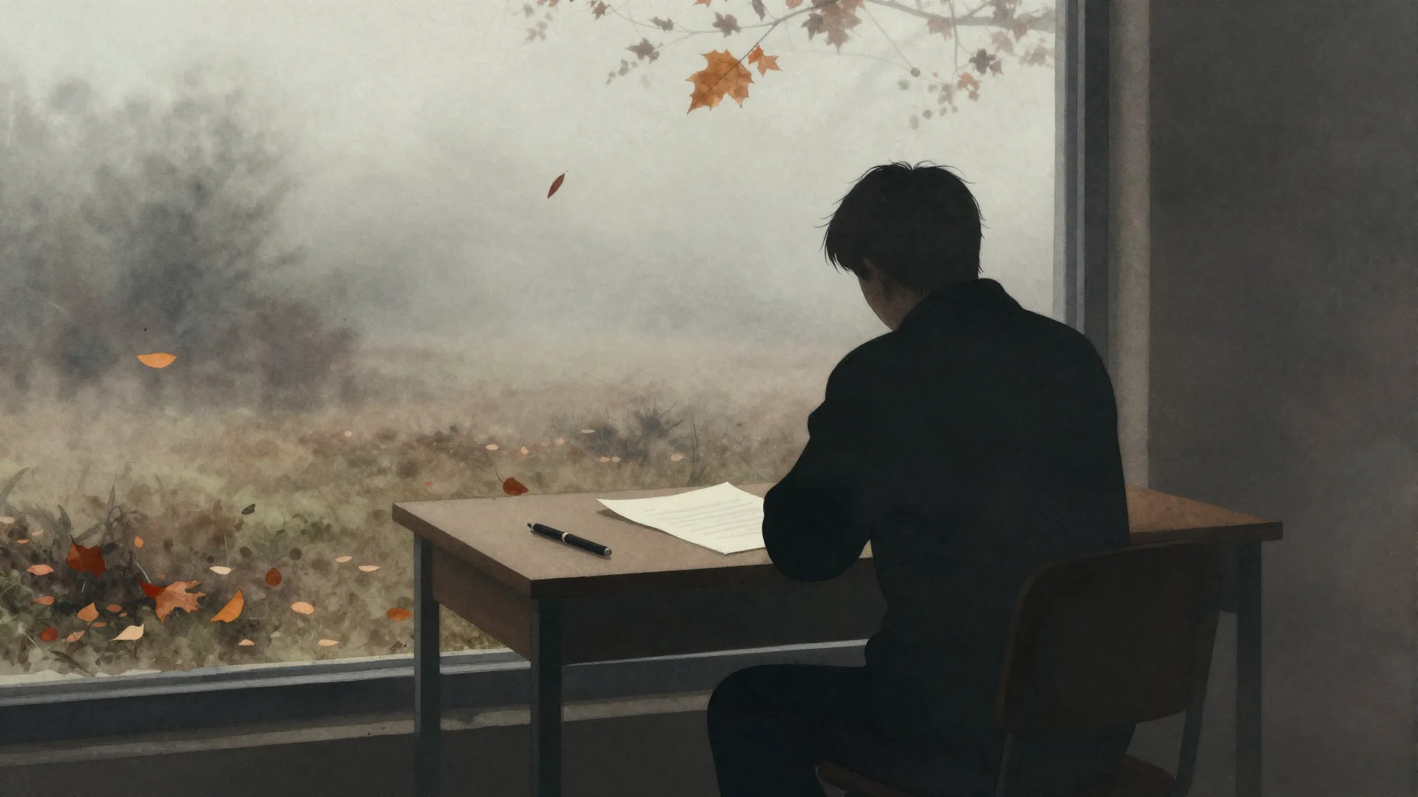 Watercolor style. A silhouette of a person sitting at a desk...