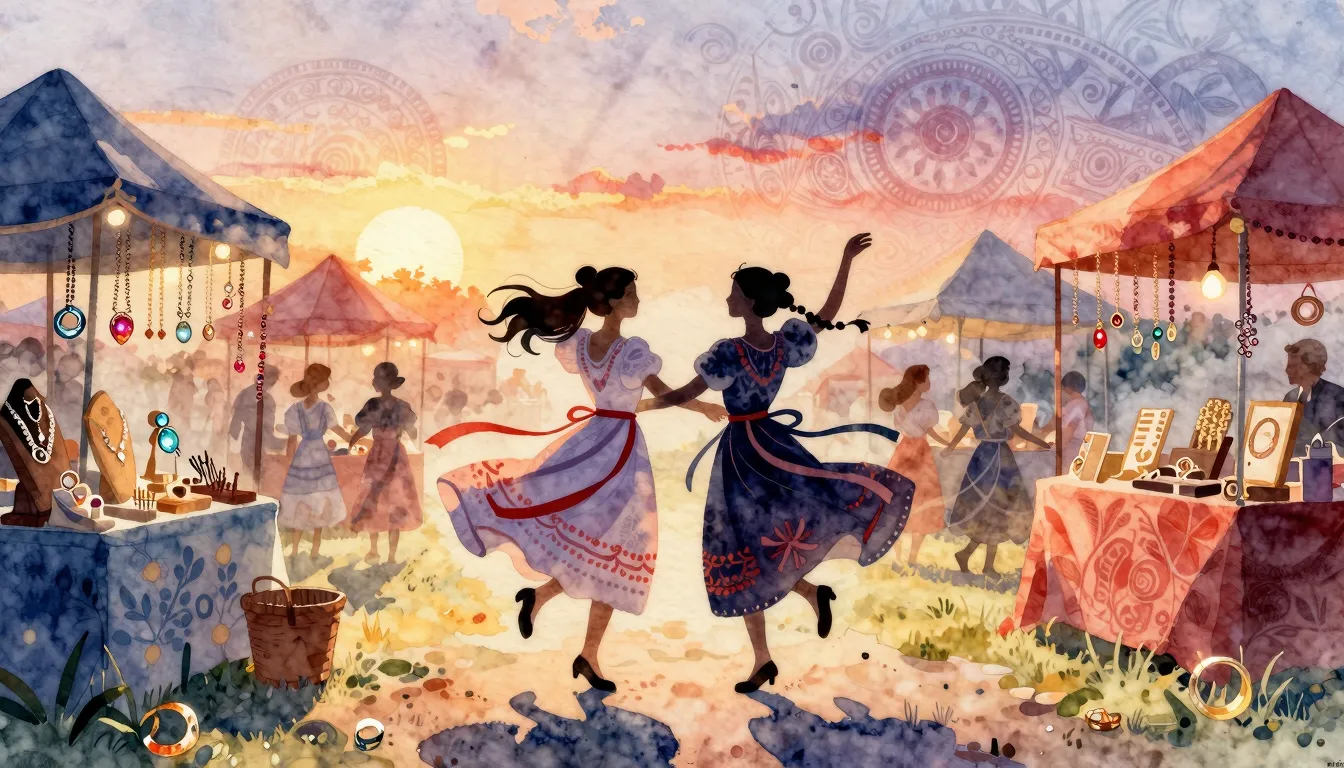 Watercolor style. A vibrant folk fair scene at sunset, silho...