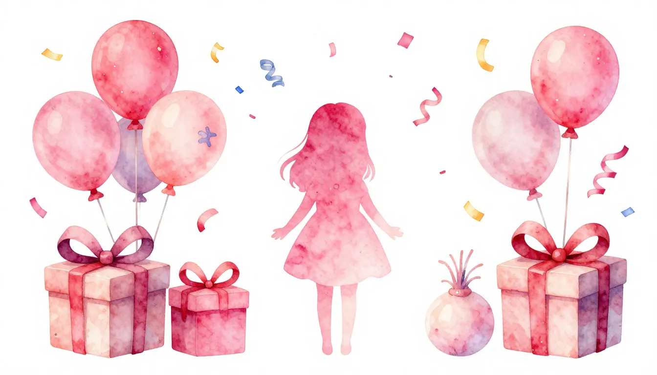 Watercolor style. Festive composition with pink balloons, a ...
