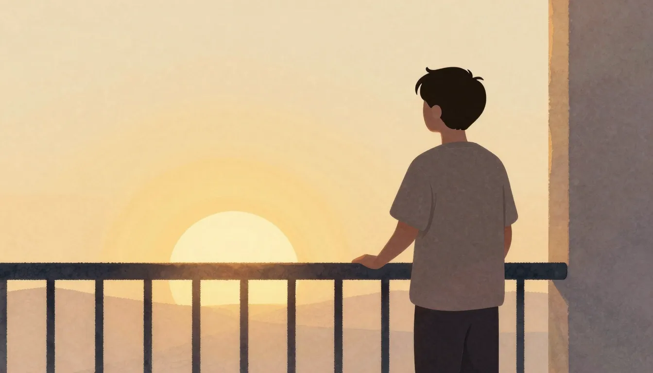 Watercolor style. Silhouette of a person standing on a balco...