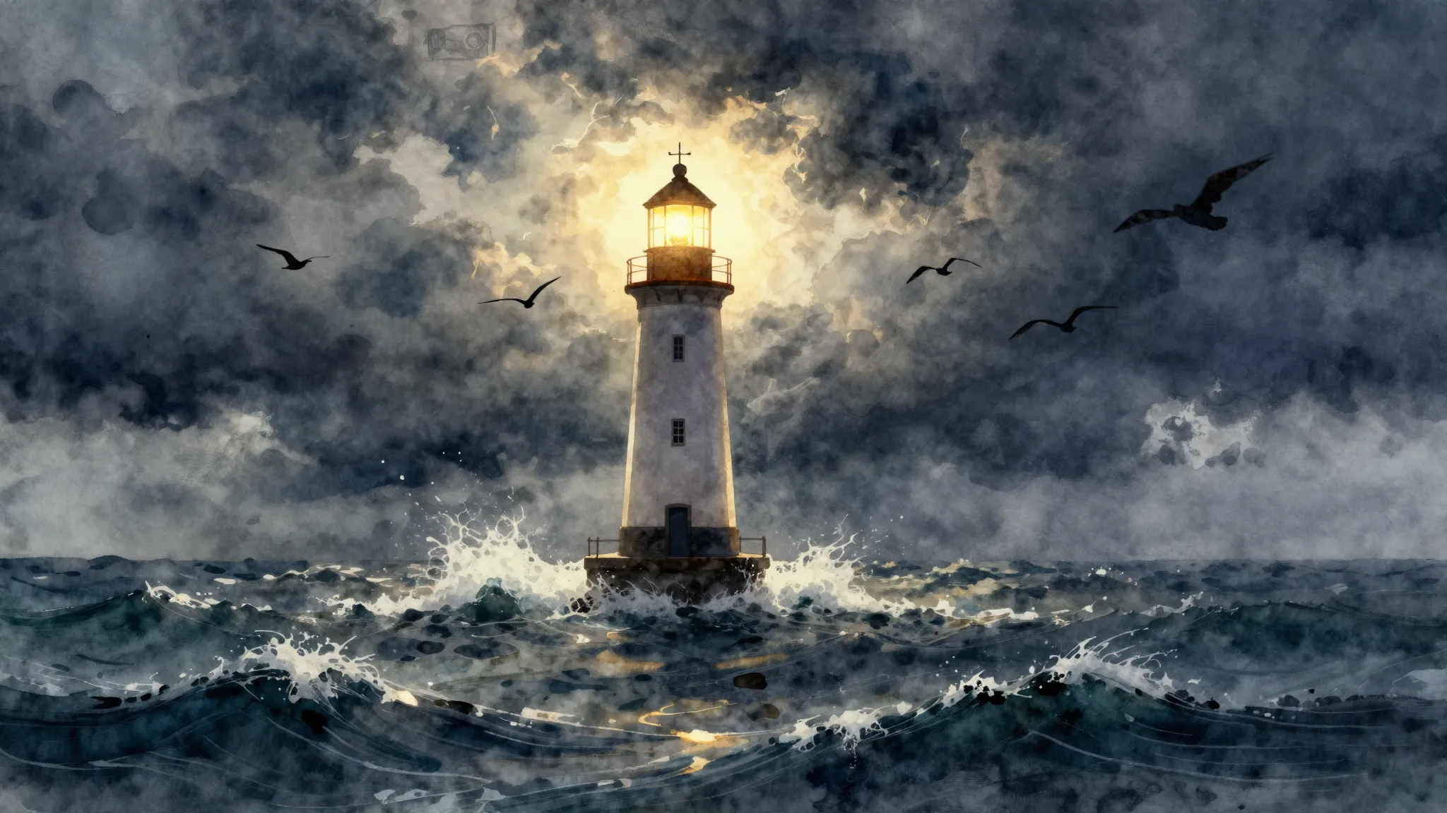 Watercolor style. A stormy sea with a glowing lighthouse, si...