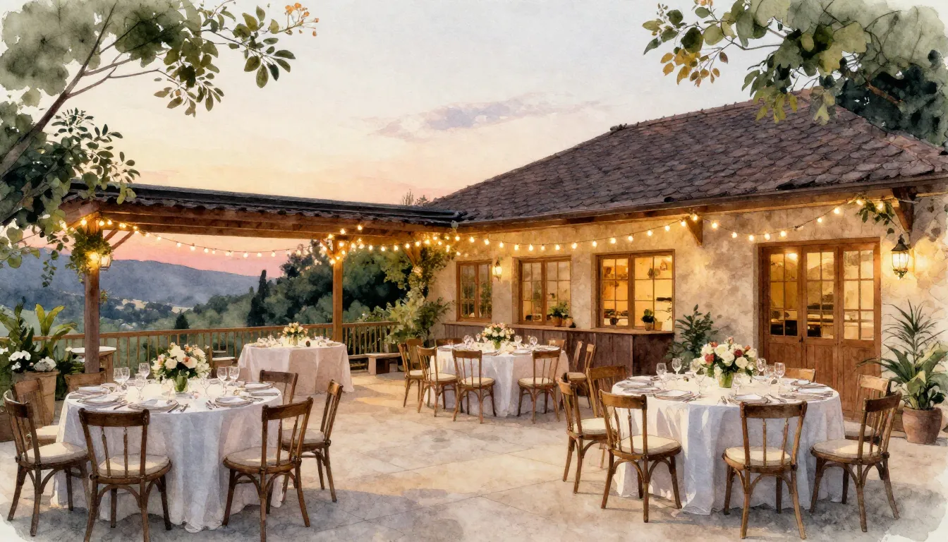 Watercolor style. A beautiful outdoor terrace of an eco-styl...