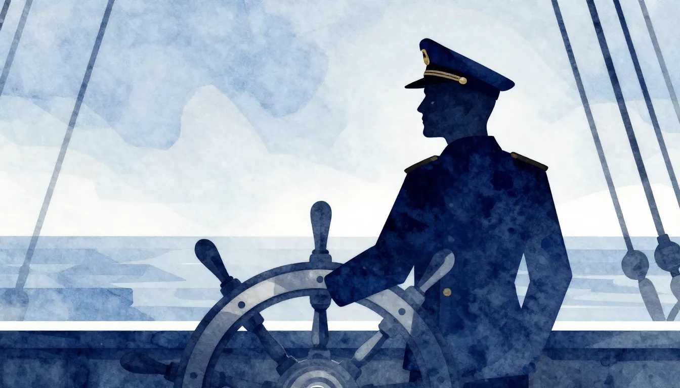 Watercolor style. A silhouette of a captain at a ship's whee...