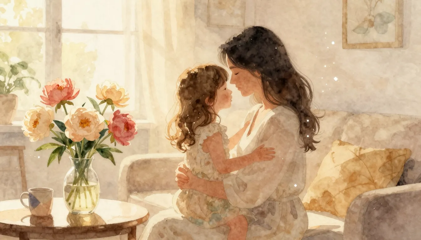 Watercolor style. A warm, cozy living room scene with a silh...