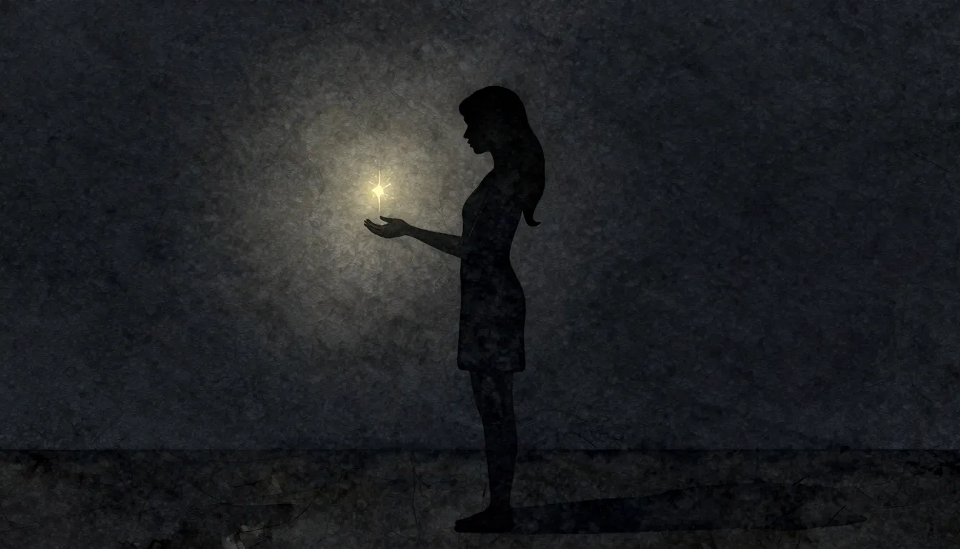 Watercolor style. A silhouette of a woman standing in a dark...
