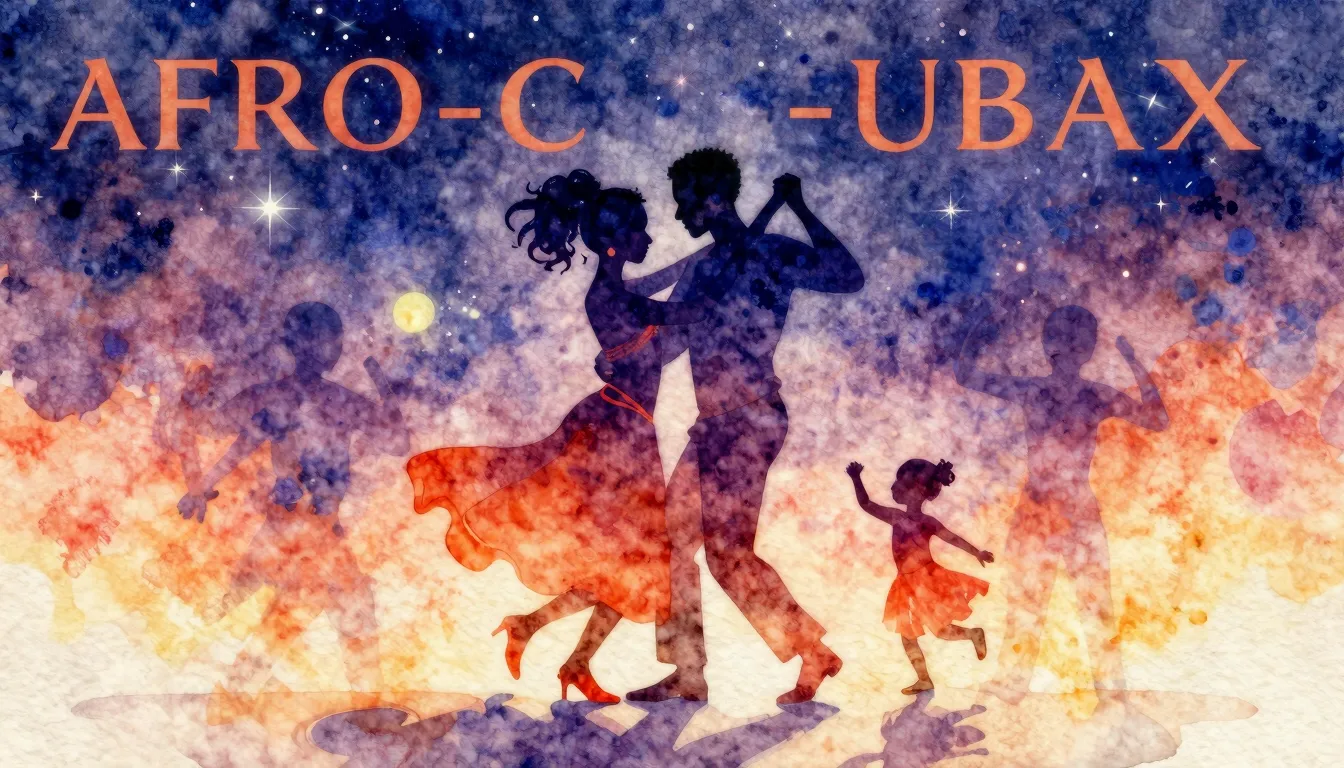 Vibrant watercolor style. Afro-Cuban dance music album cover...