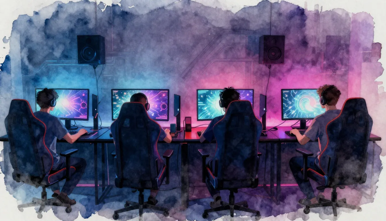 Watercolor style. Four silhouettes of people sitting at high...