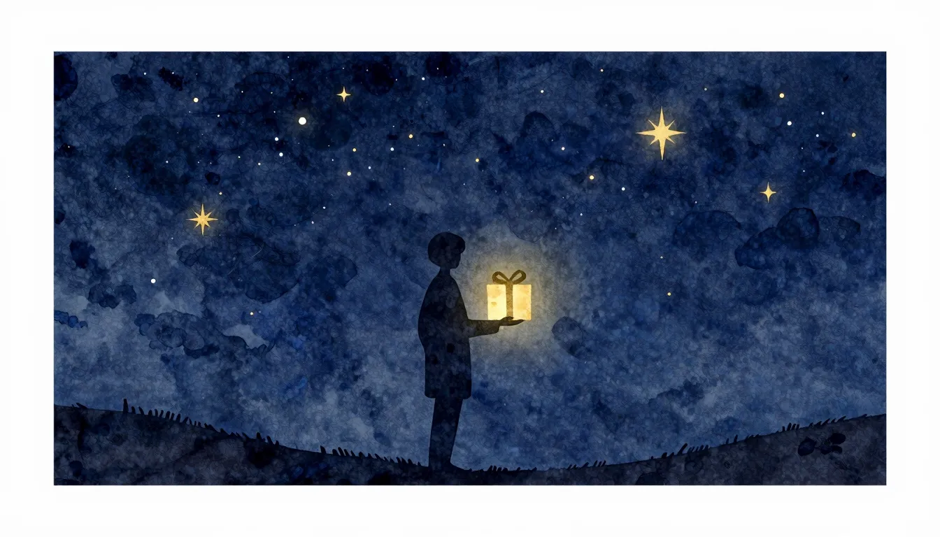 Watercolor style. A silhouette of a person standing under a ...