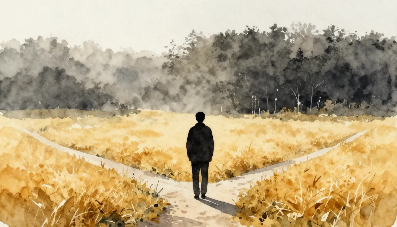 Watercolor style. A dark silhouette of a person standing at ...