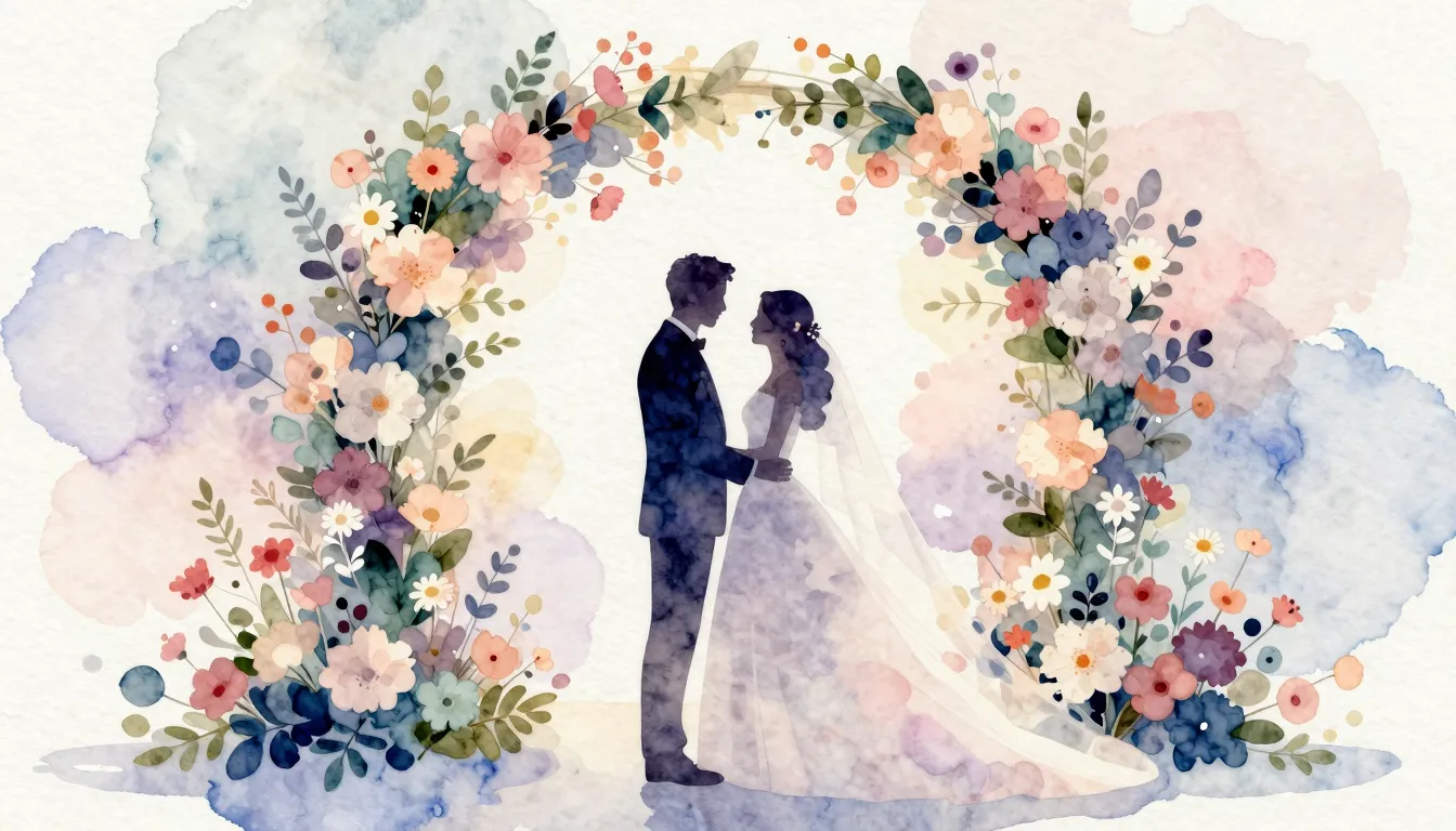 Watercolor style. Silhouettes of a bride and groom standing ...