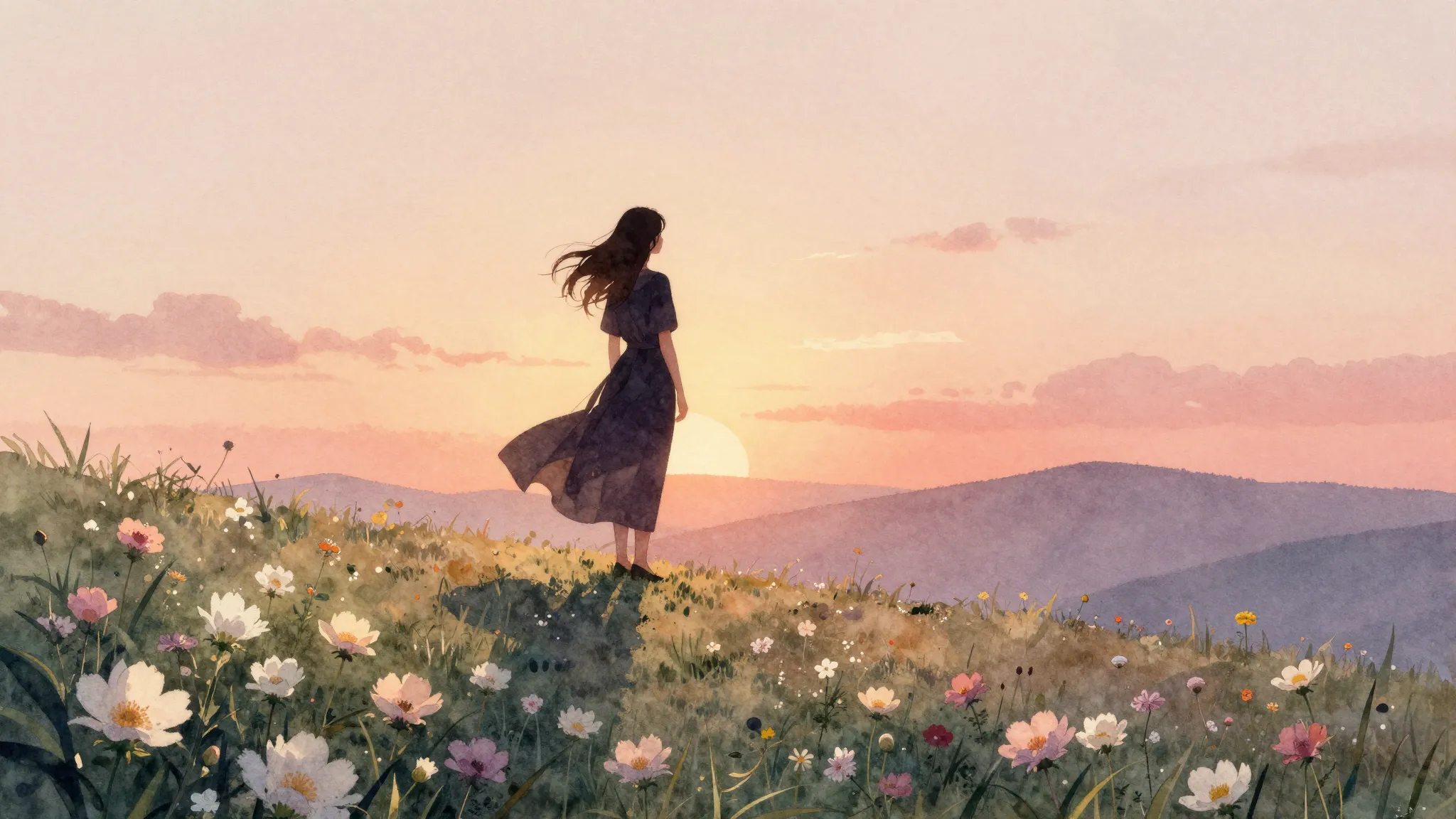Watercolor style. A silhouette of a woman standing on a hill...