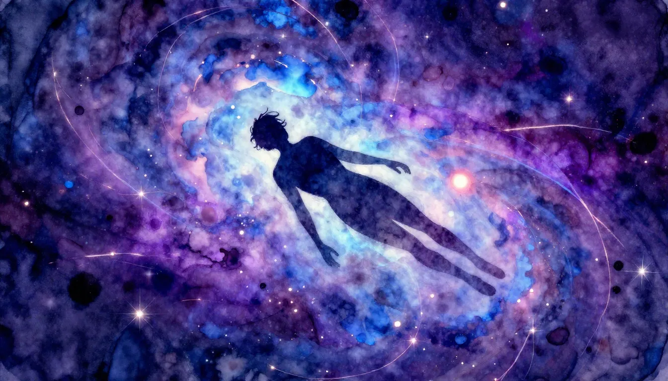 Watercolor style. A silhouette of a person floating in a vib...