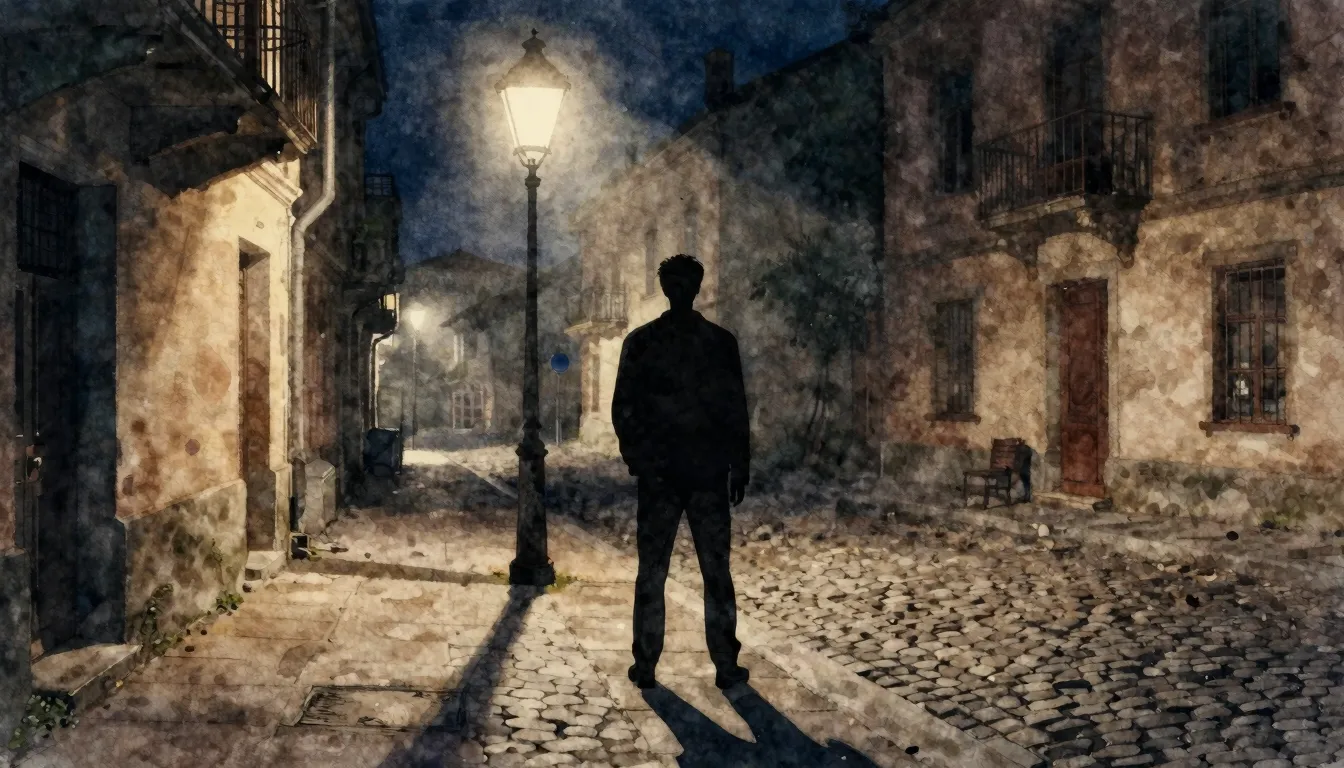 Watercolor style. A silhouette of a man stands on a dimly li...