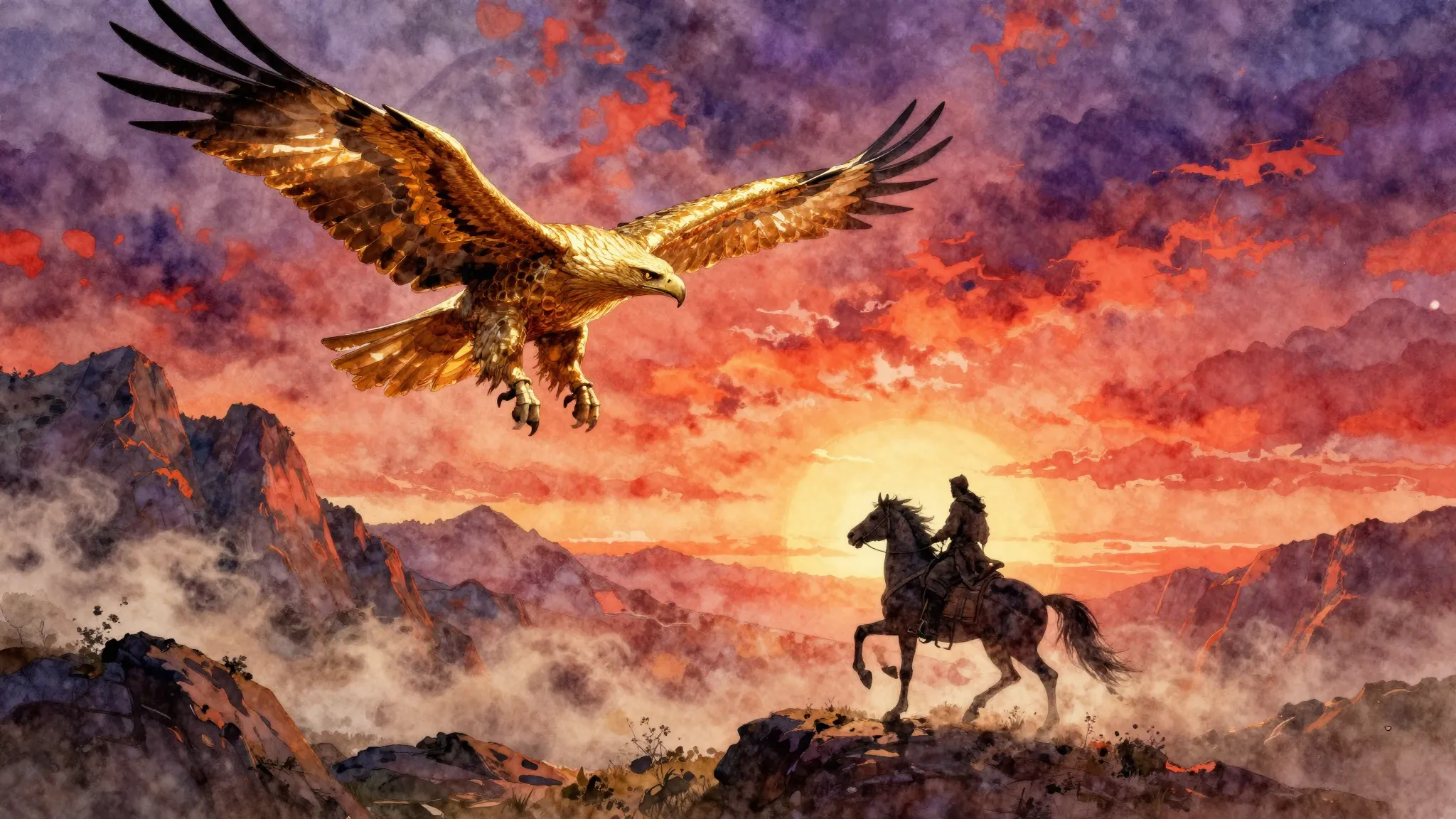 Vibrant watercolor style. Epic rock album cover. A majestic ...