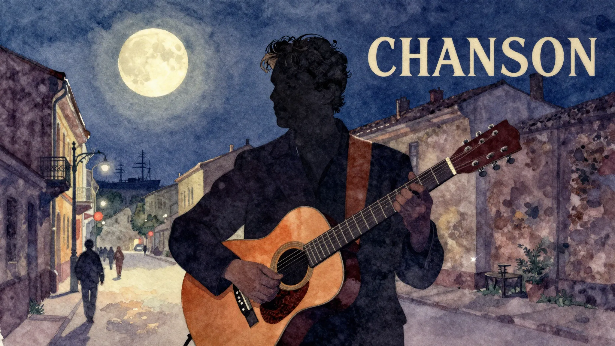 Vibrant watercolor style. Vintage Chanson album cover. Styli...