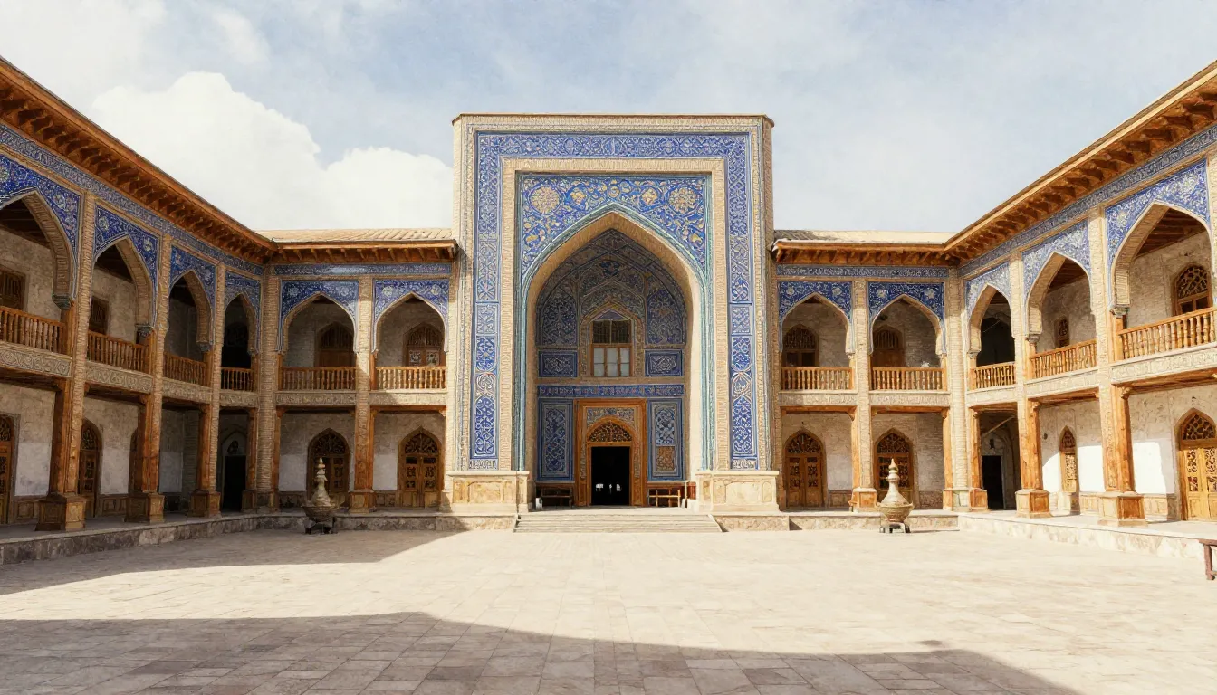 Watercolor style. A grand traditional Uzbek teahouse with or...
