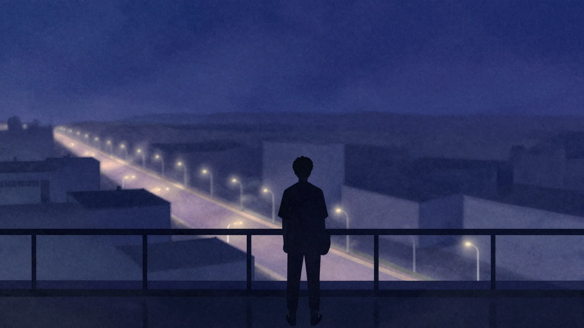 Watercolor style. A lonely silhouette standing on a balcony ...