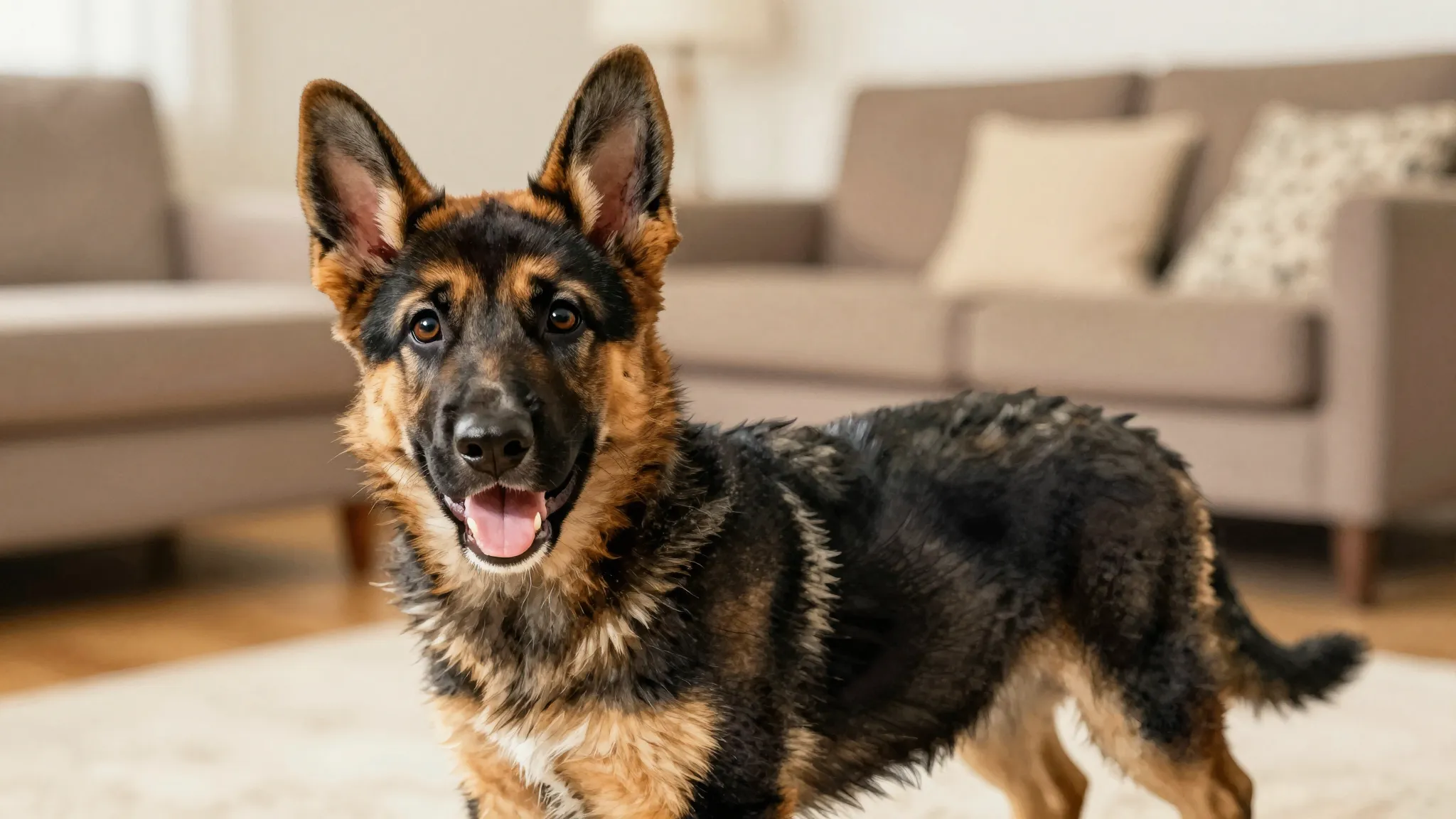 Watercolor style. A happy young German Shepherd puppy with a...