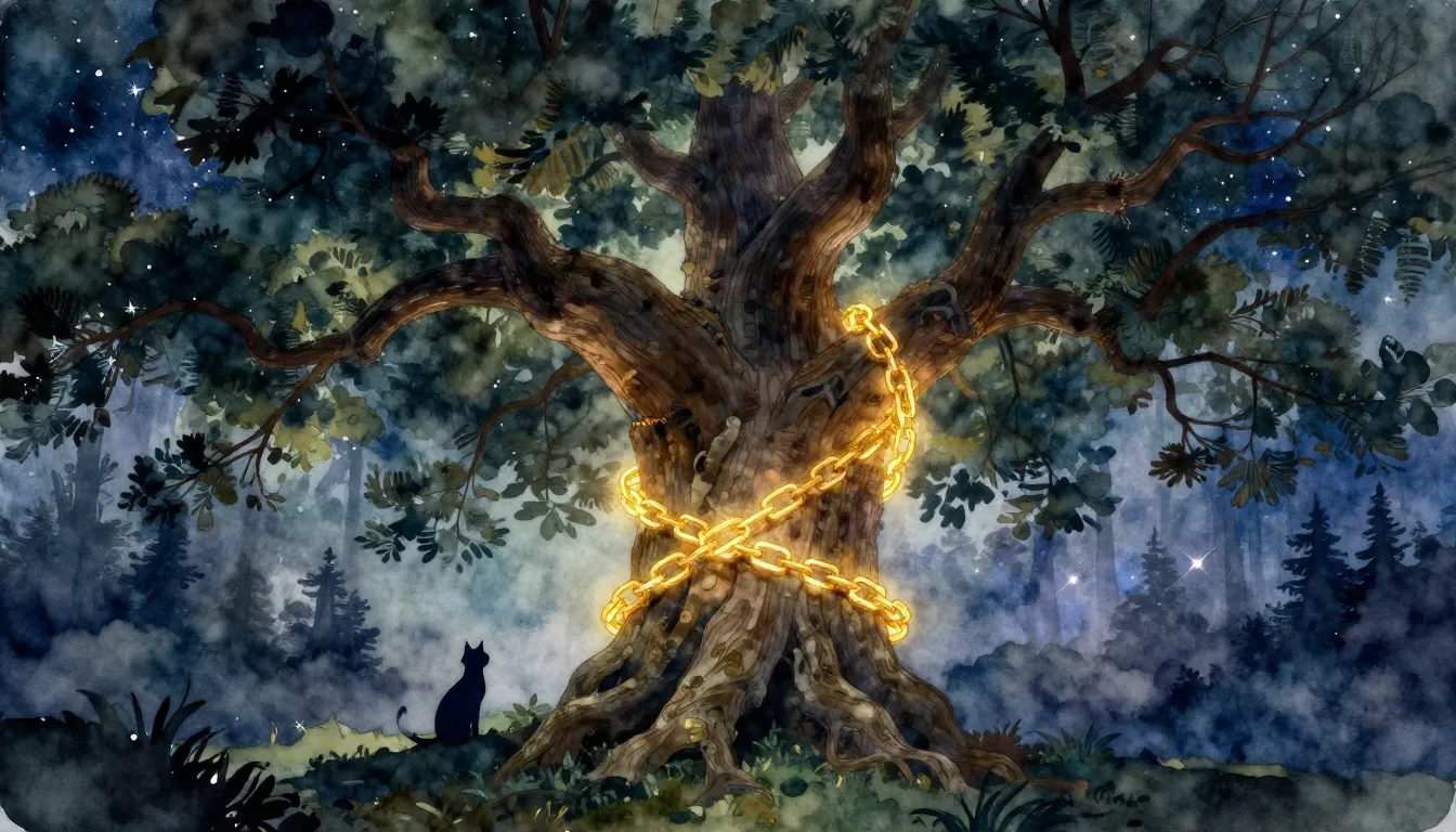 Watercolor style. Majestic ancient oak tree with a glowing g...