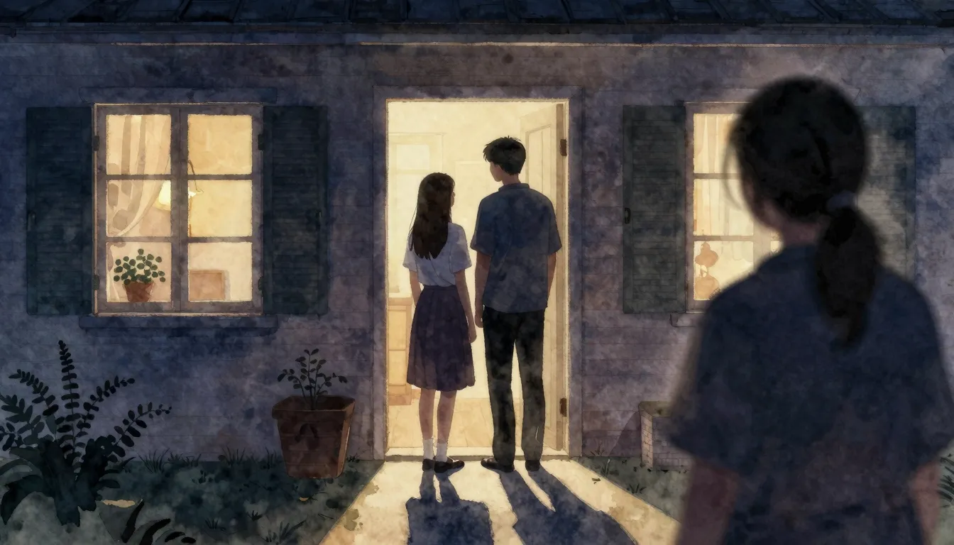 Watercolor style. A silhouette of a young man and a young wo...