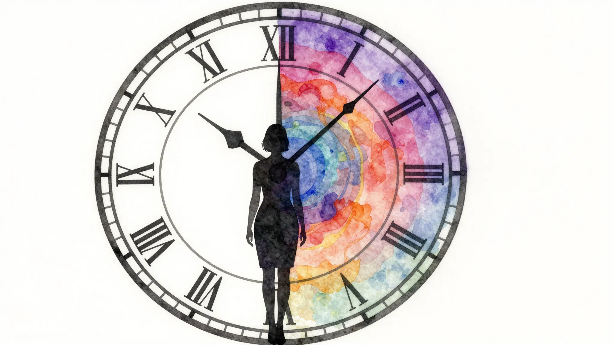 Watercolor style. A silhouette of a woman stands before a gi...