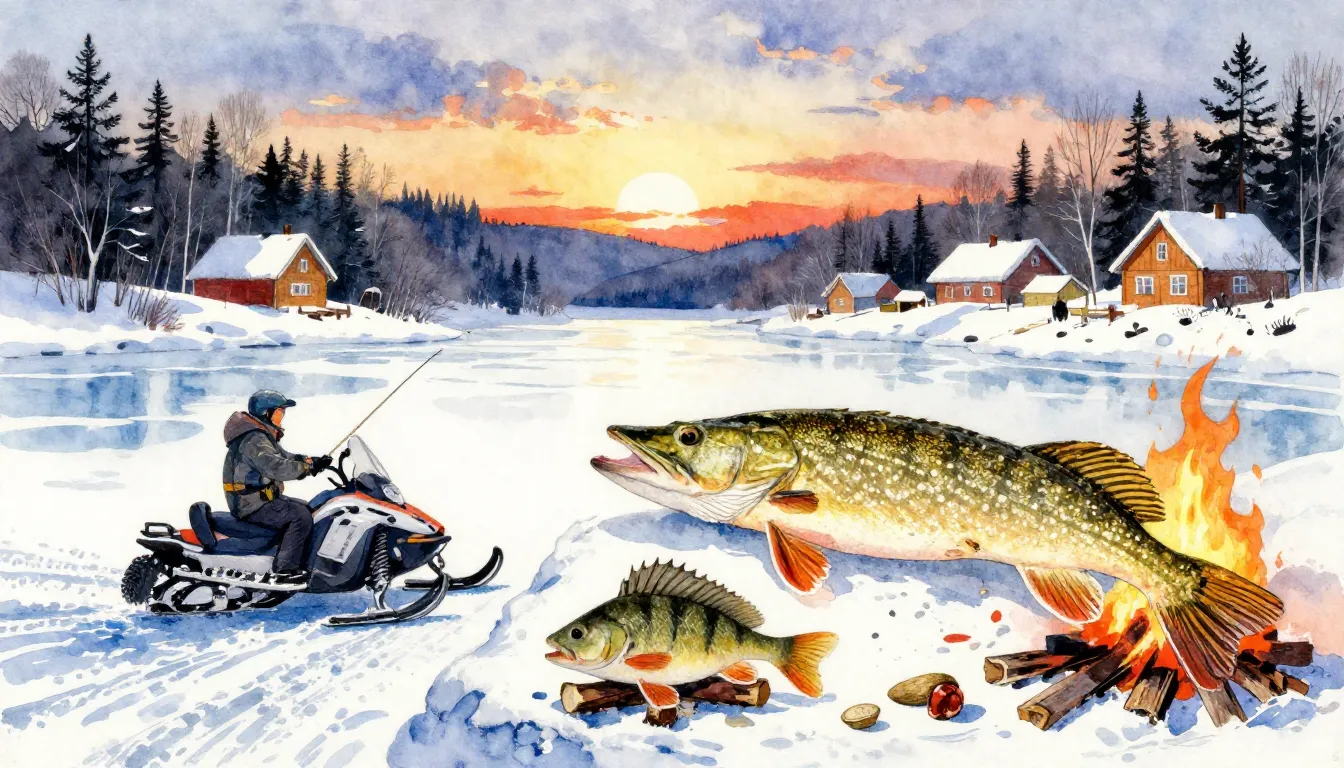 Vibrant watercolor style. Rock album cover: Winter fishing i...