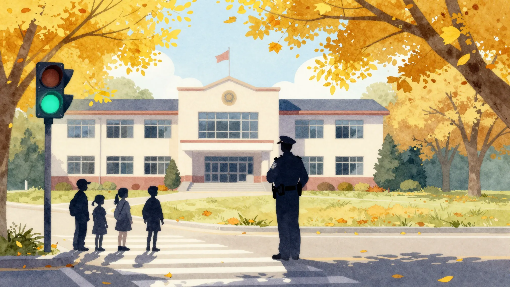 Watercolor style. A stylized illustration of a school buildi...