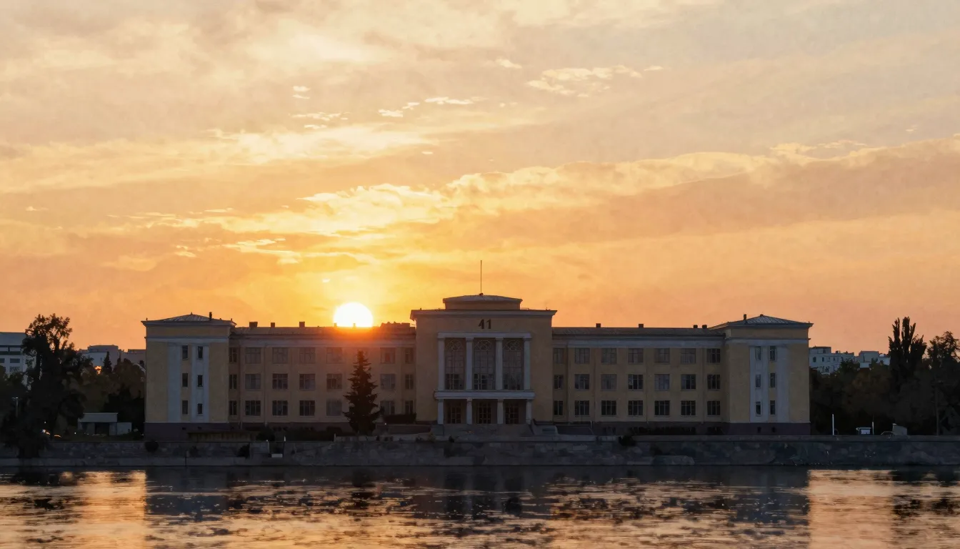 Watercolor style. A silhouette of a large school building wi...
