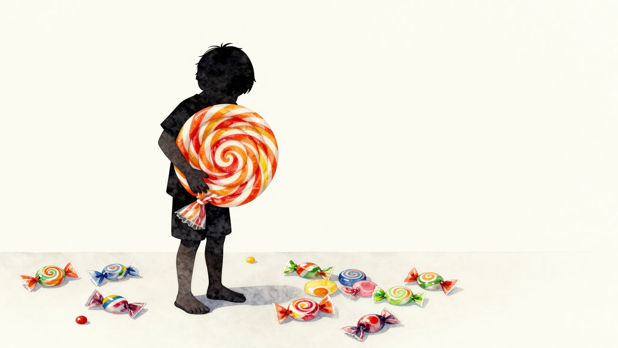 Watercolor style. A silhouette of a child hiding a giant can...