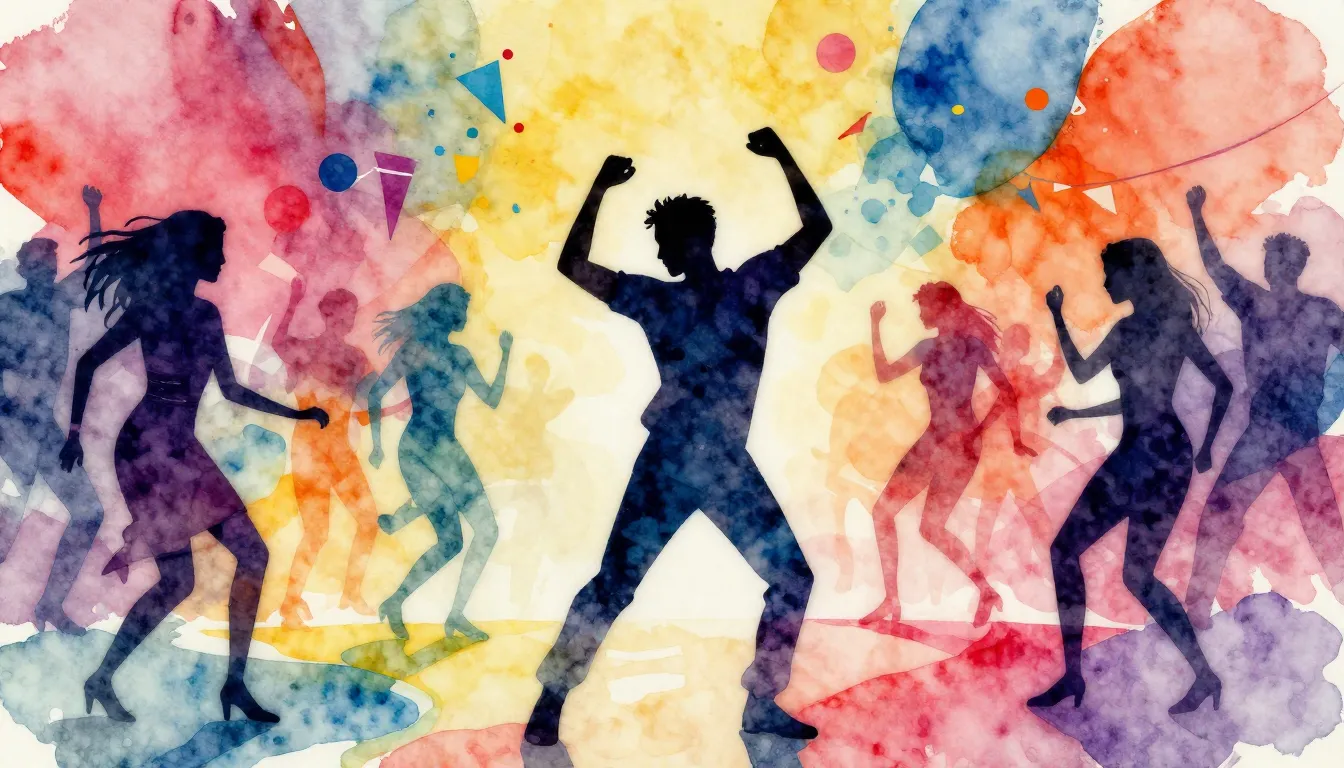 Vibrant watercolor style. Vibrant dance party, abstract shap...