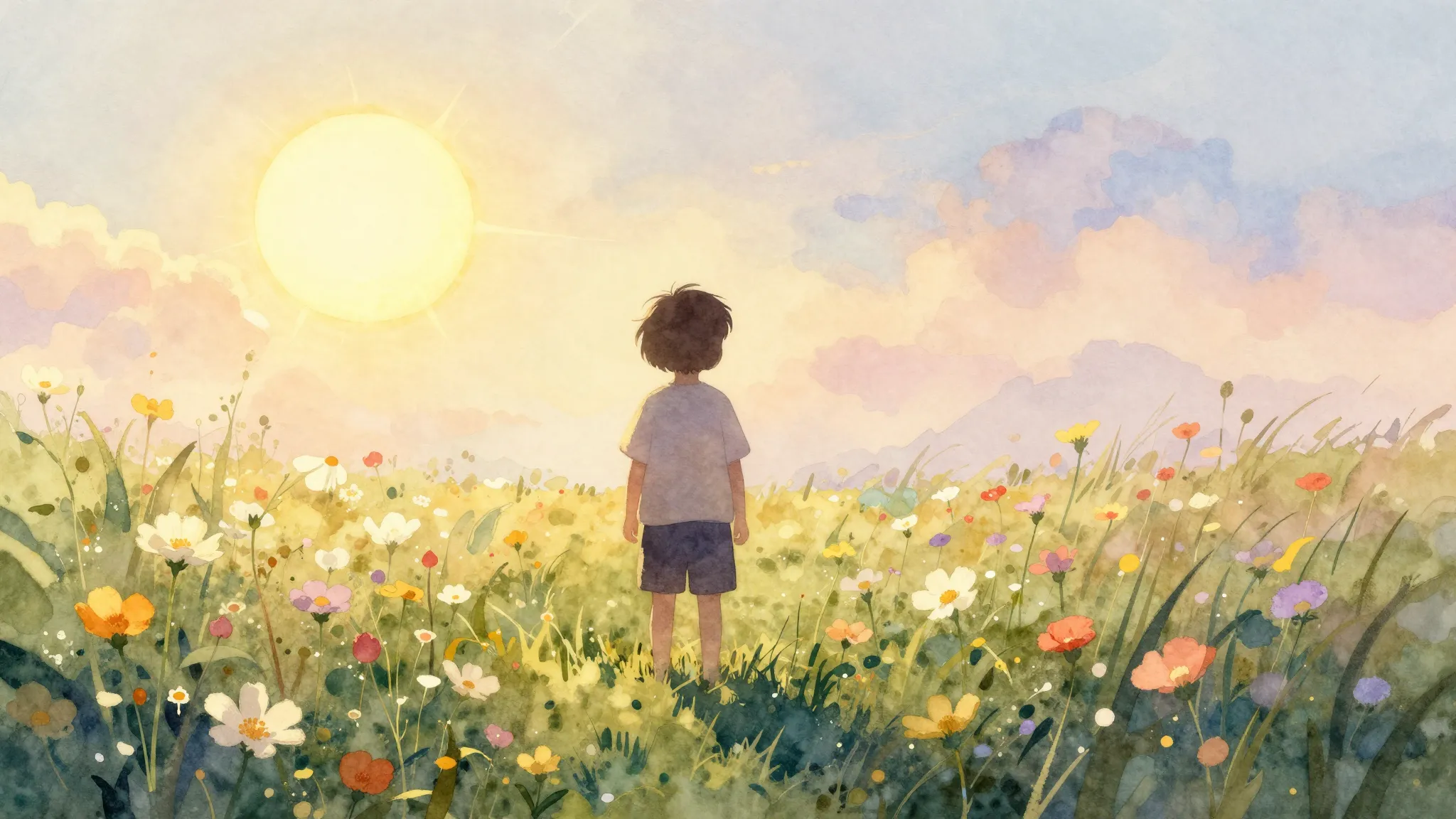 Watercolor style. A silhouette of a small child standing in ...