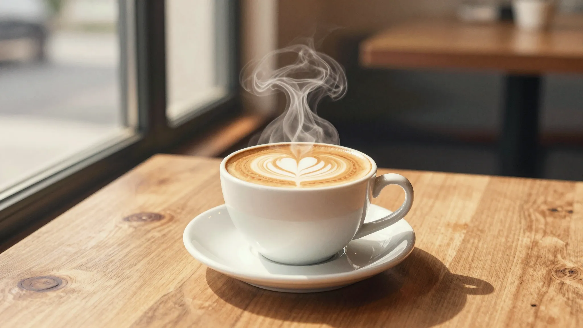 Watercolor style. Cozy coffee shop interior, a steaming cup ...