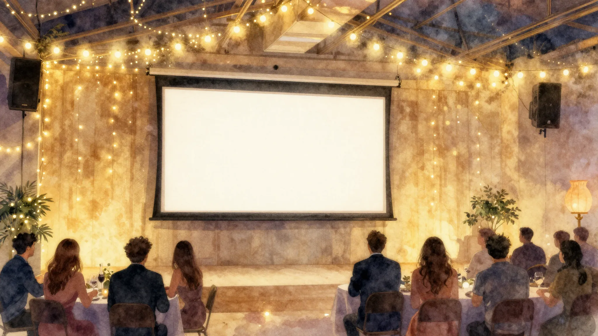 Watercolor style. Festive hall with glowing lights, a large ...