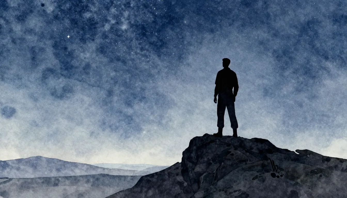 Watercolor style. A dark silhouette of a man standing on a h...