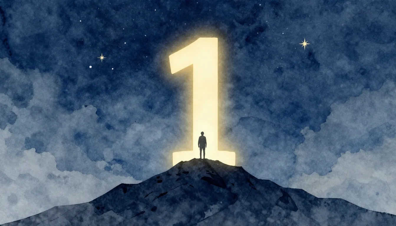 Watercolor style. A silhouette of a person standing on a mou...